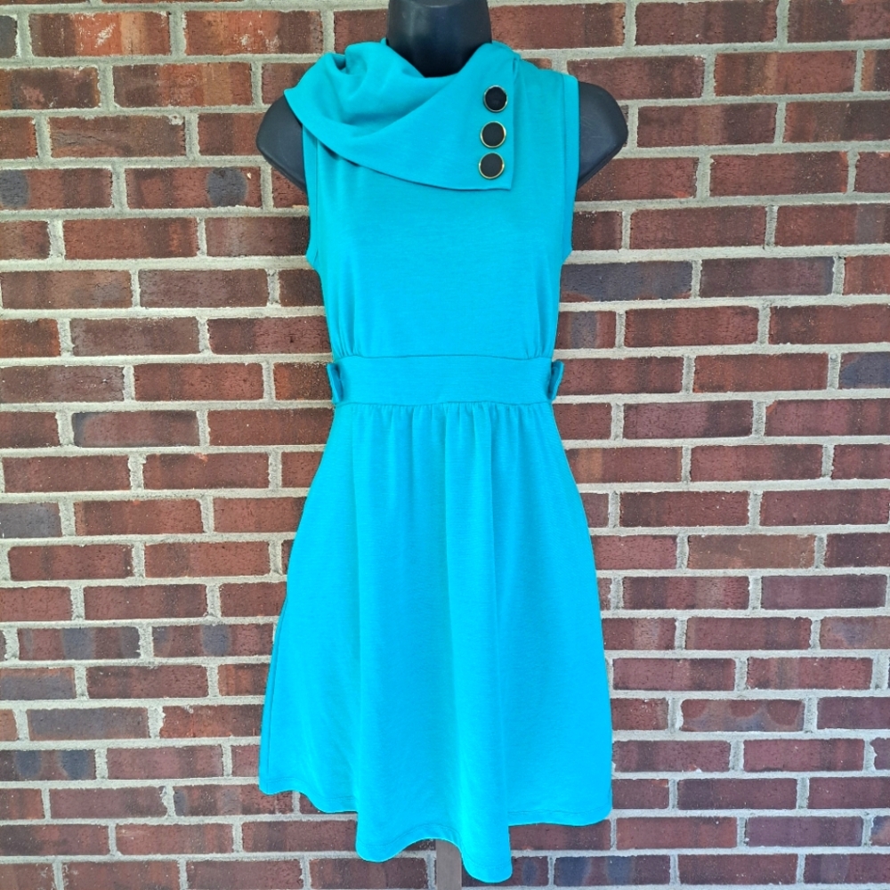 ModCloth Teal Sleeveless Fit-and-Flare Dress with Button Neck